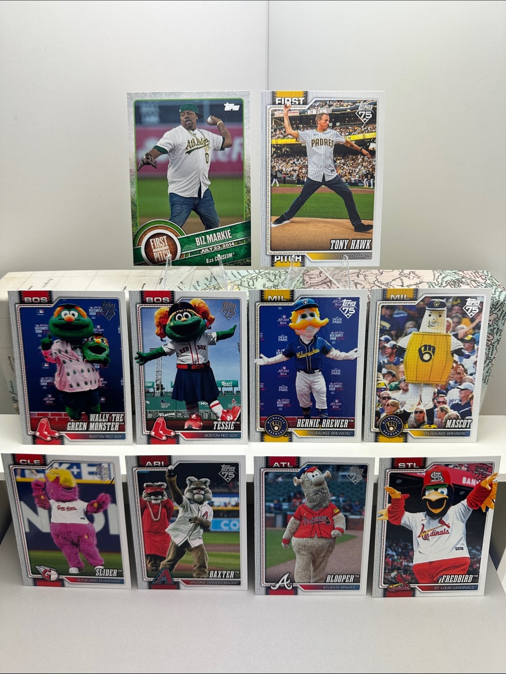 Tony Hawk & Biz Markie First Pitch + 8 Mascot cards BOS, MIL, CLE, AZ, STL, ATL